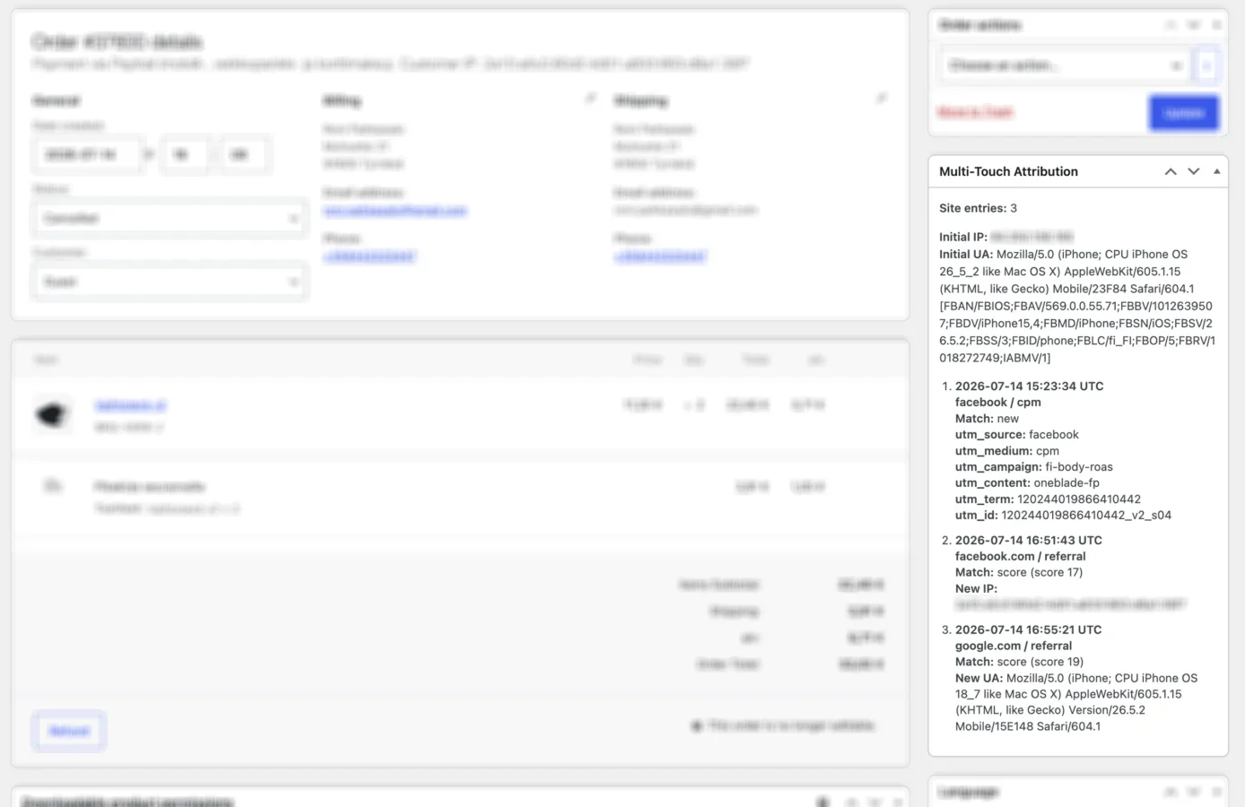 The multi-touch order attribution shown in a WooCommerce order.