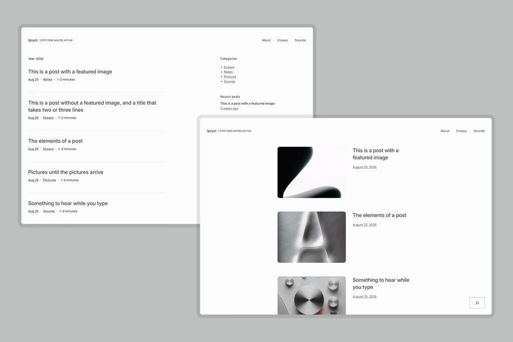 Minimal blog homepage mockup with overlapping post list and featured image layouts.