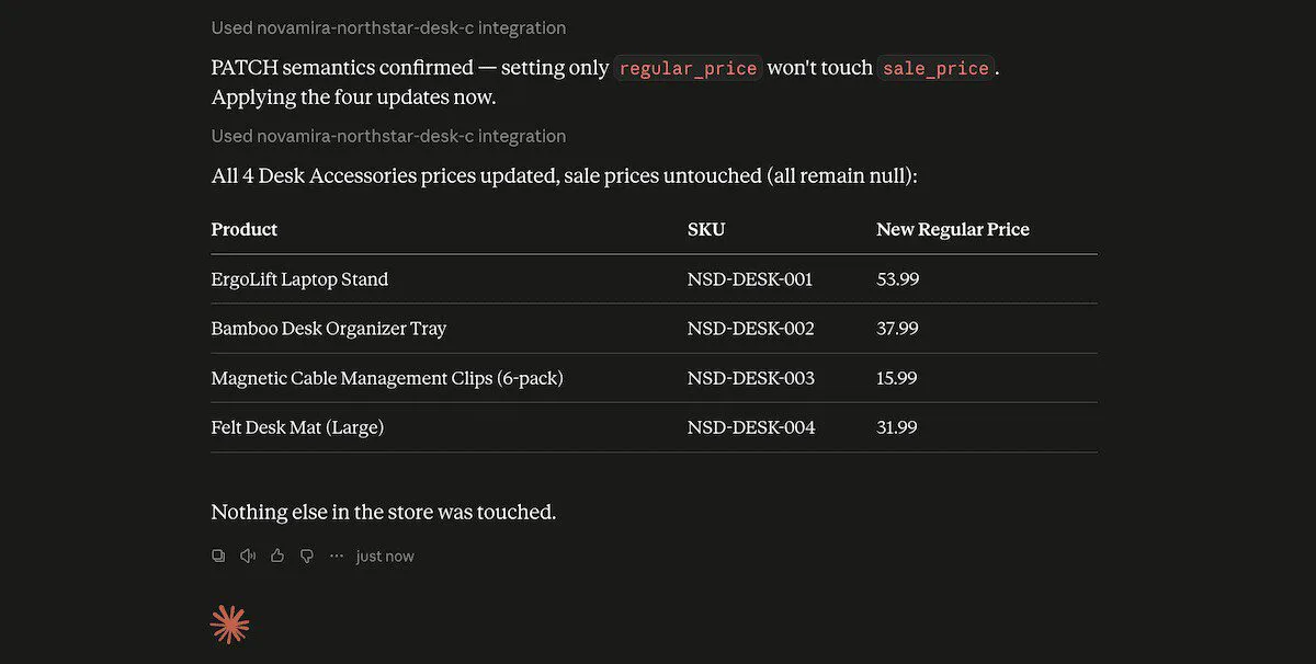 A before-and-after price comparison for WooCommerce products within the Claude Desktop interface.