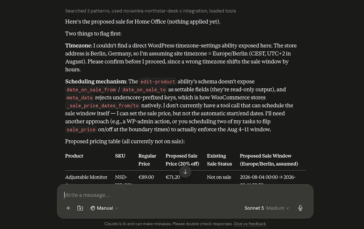 The Claude Desktop interface showing two issues flagged relating to sale pricing and timezone allocation.