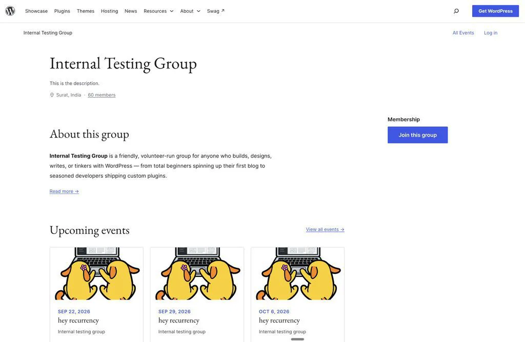 WordPress group page for Internal Testing Group with upcoming events.
