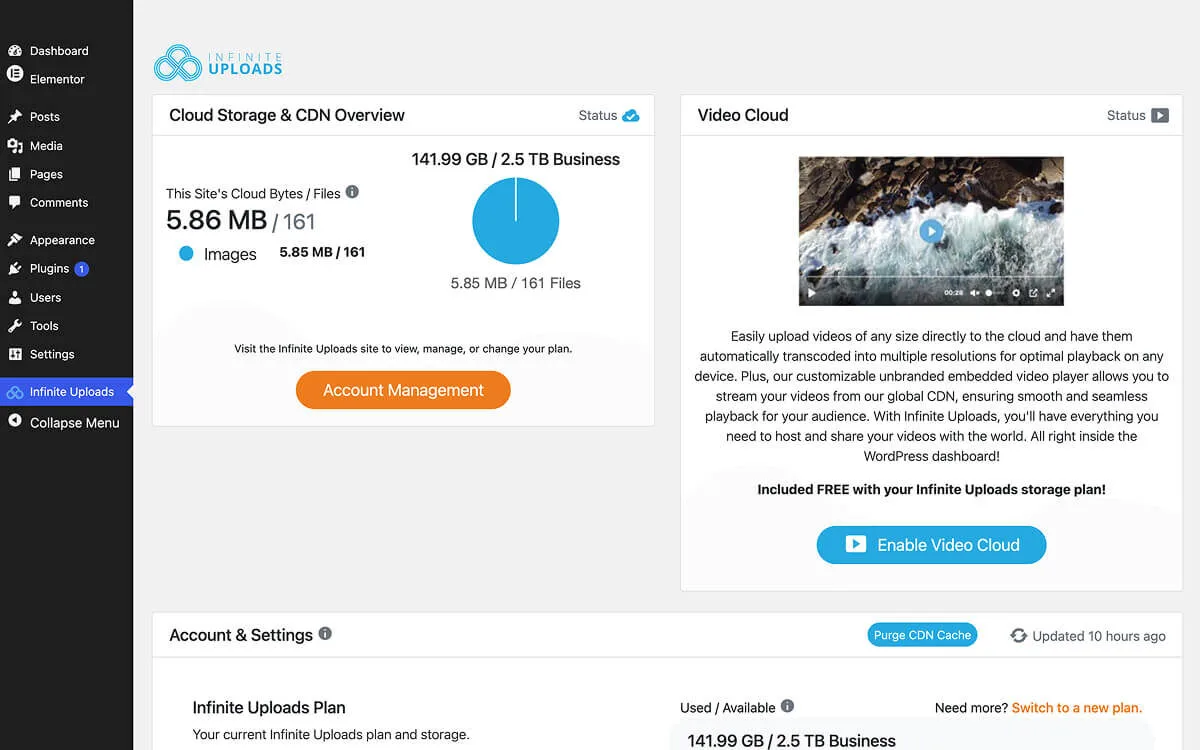 The Infinite Uploads dashboard.
