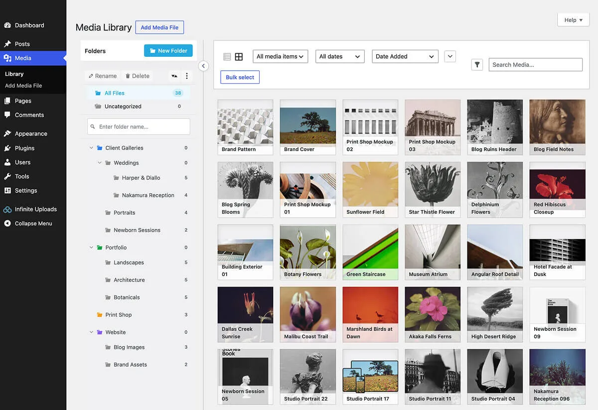The Infinite Uploads media library organization.