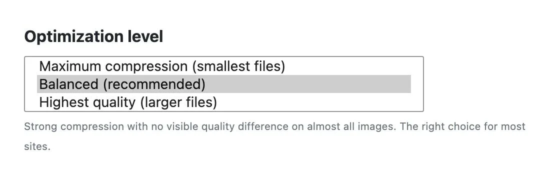 Optimization levels available in Infinite Uploads for image optimization.