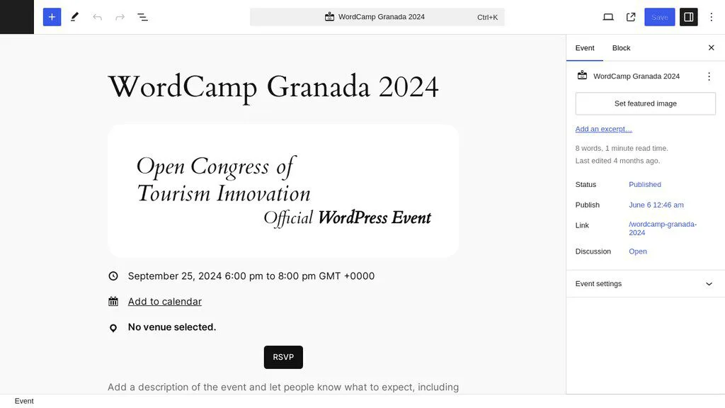 WordPress event editor for WordCamp Granada 2024.