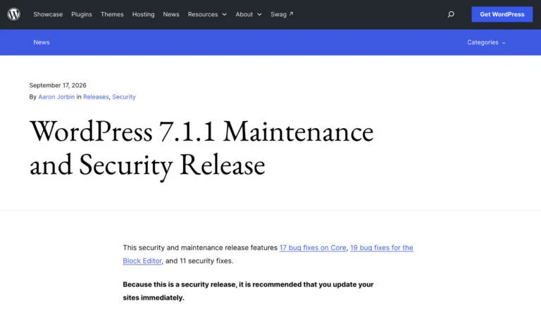WordPress 7.1.1 Ships 11 Security Fixes, Credits Anthropic and pwn.ai Again