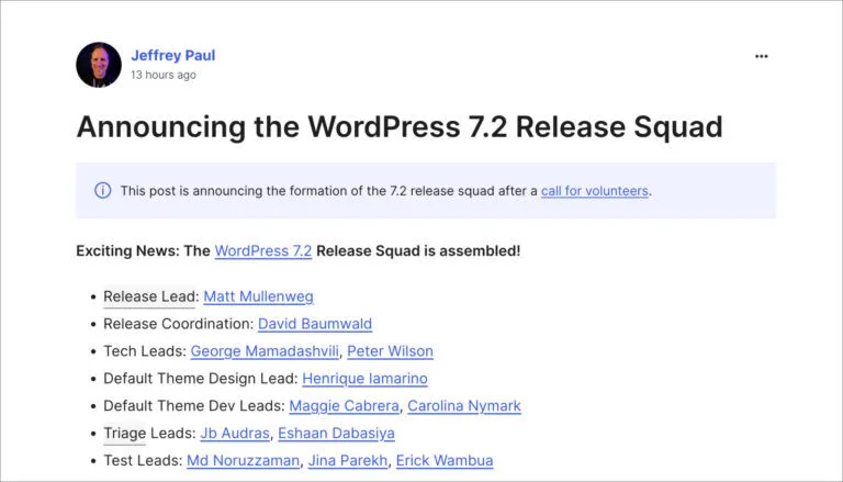 WordPress 7.2 Release Squad Announced With Matt Mullenweg Back as Release Lead