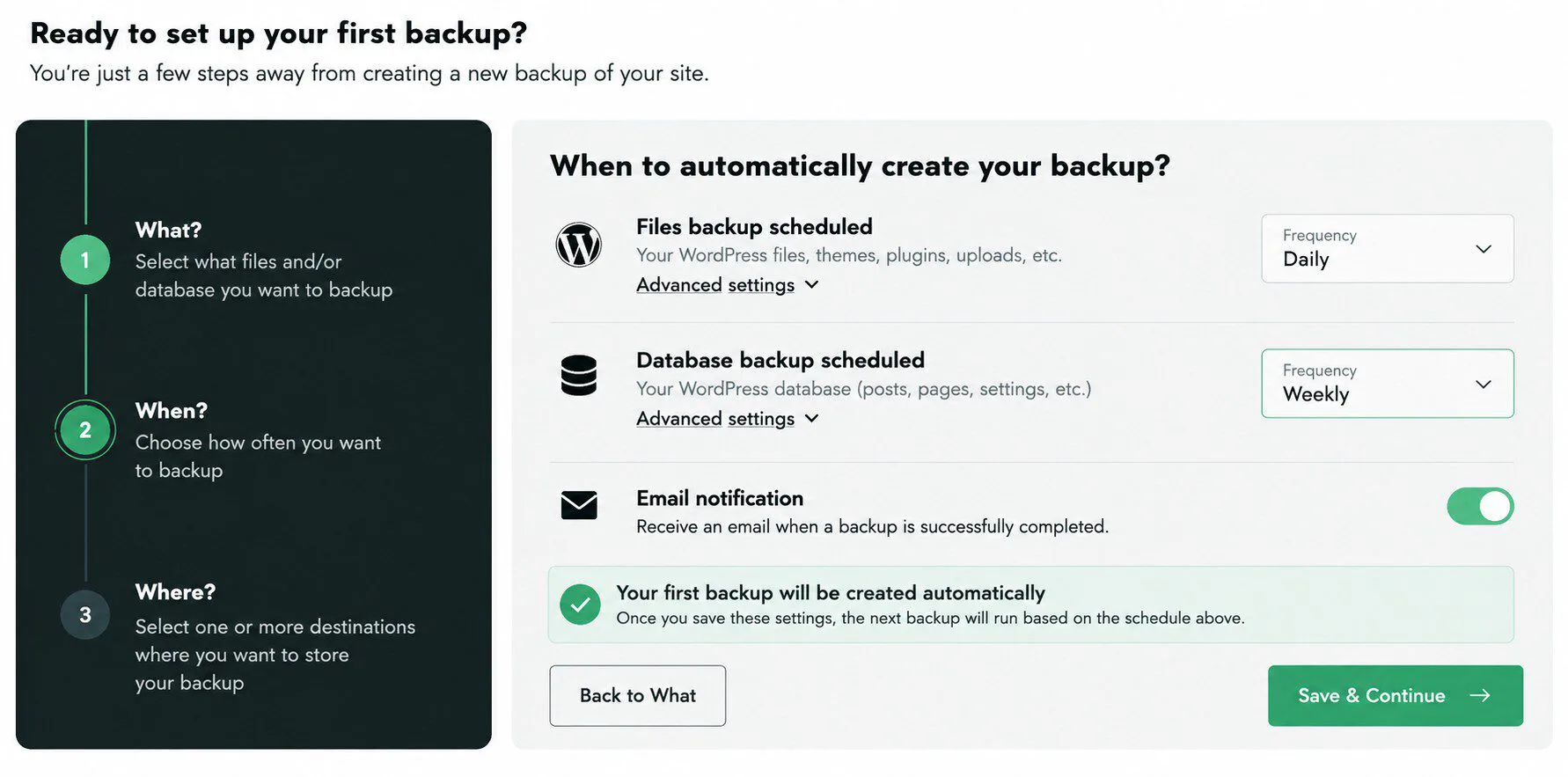 BackWPup makes it easy to configure automatic WordPress backups, with separate schedules for website files and databases - Source: backwpup
