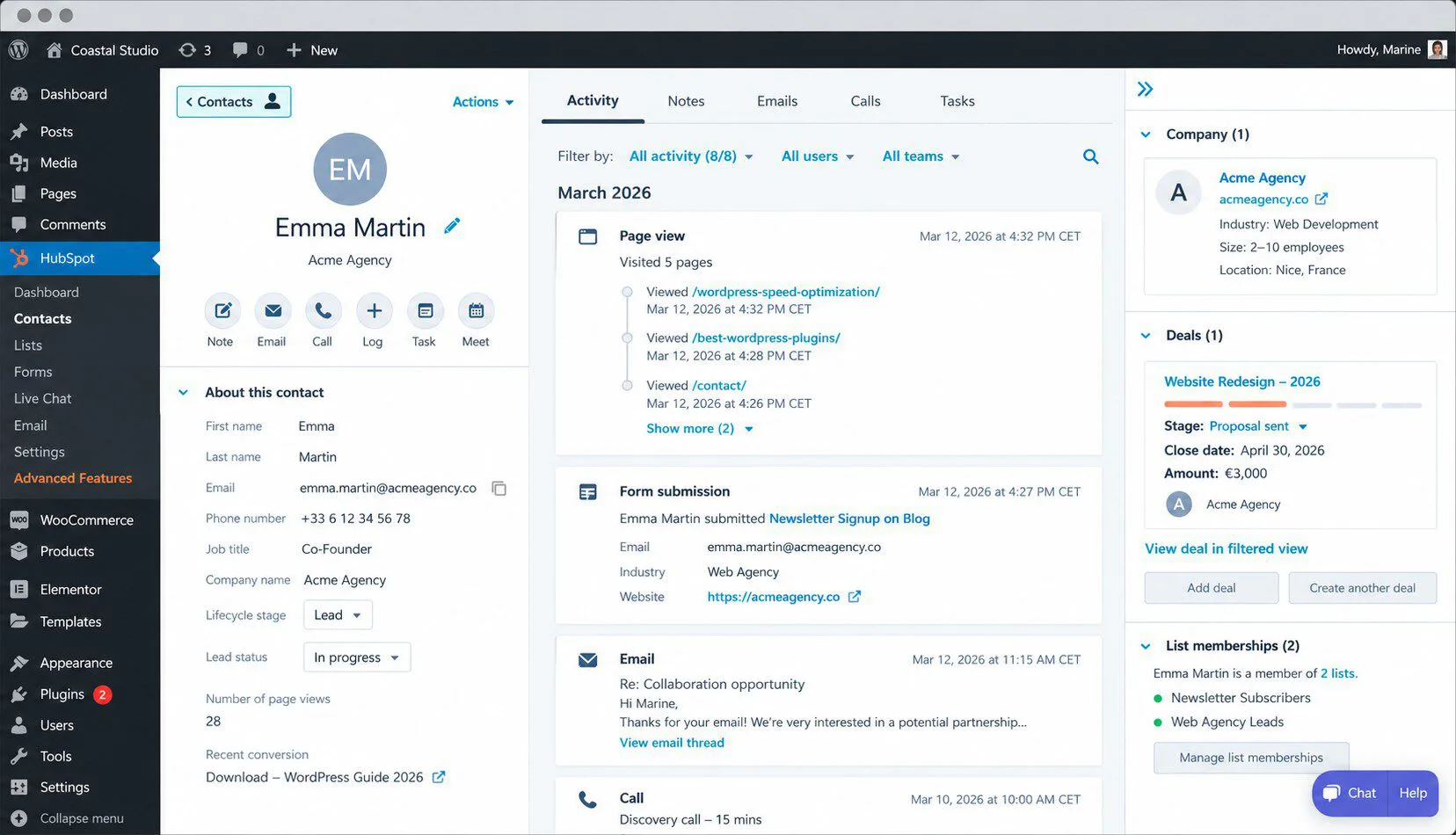HubSpot's CRM integration for WordPress lets agencies track customer interactions from one interface - Source: HubSpot