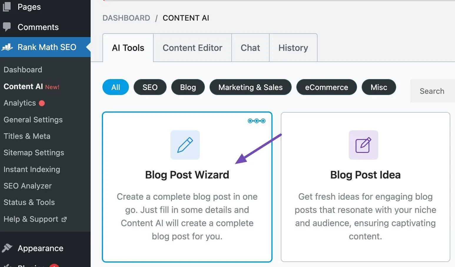 Rank Math’s Content AI dashboard for creating and optimizing WordPress content - Source: Rank Math.