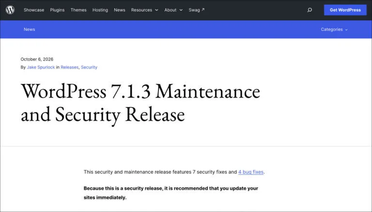 WordPress 7.1.3 Patches Seven Vulnerabilities as Bug Bounty Payouts Top $90,000 in 90 Days