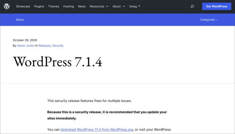 WordPress 7.1.4 Patches 22 Vulnerabilities in Seventh Core Security Release Since July