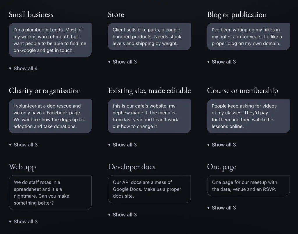 Dark webpage showing website type examples in a 3-column grid.